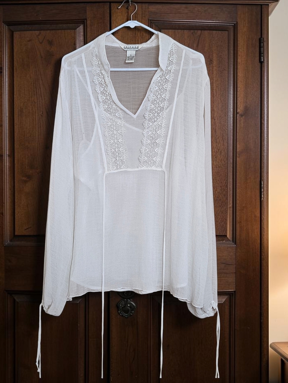 John Paul Richard sheer white blouse lace details, waist & cuff ties Sz XL